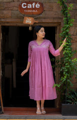 Chic Pink Embroidered Cotton A-Line Midi Dress