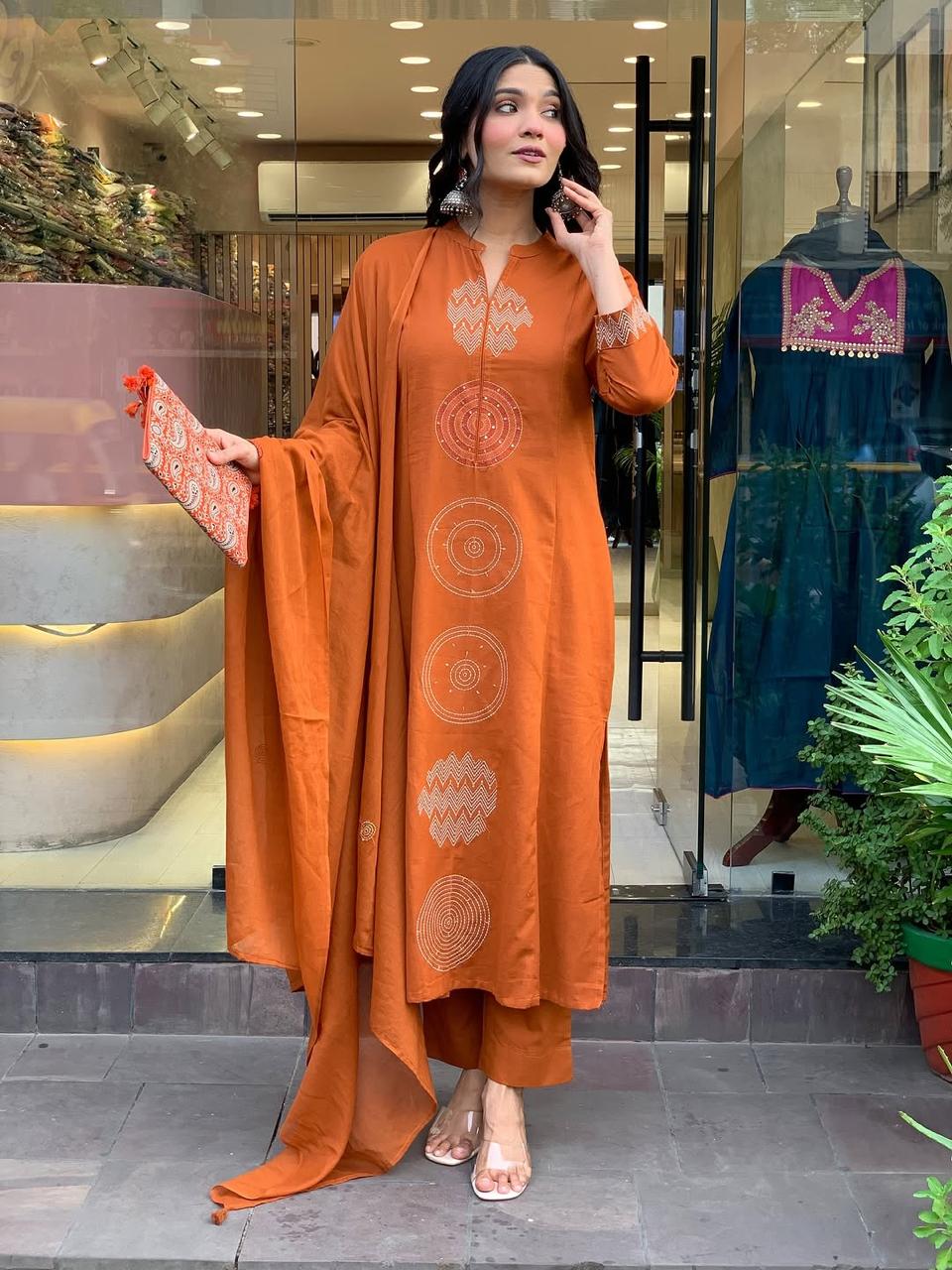 Rust Orange Embroidered Cotton Suit Set with Dupatta