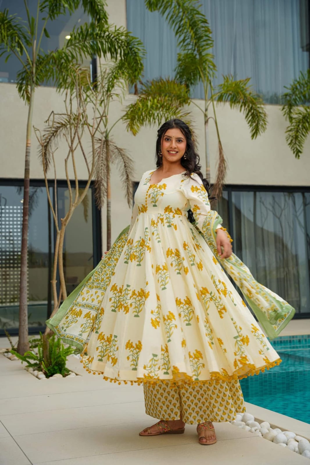 Floral Printed Anarkali Calf Length Cotton Kurta with Trousers & Dupatta