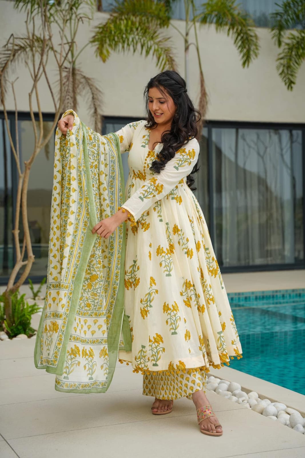 Floral Printed Anarkali Calf Length Cotton Kurta with Trousers & Dupatta