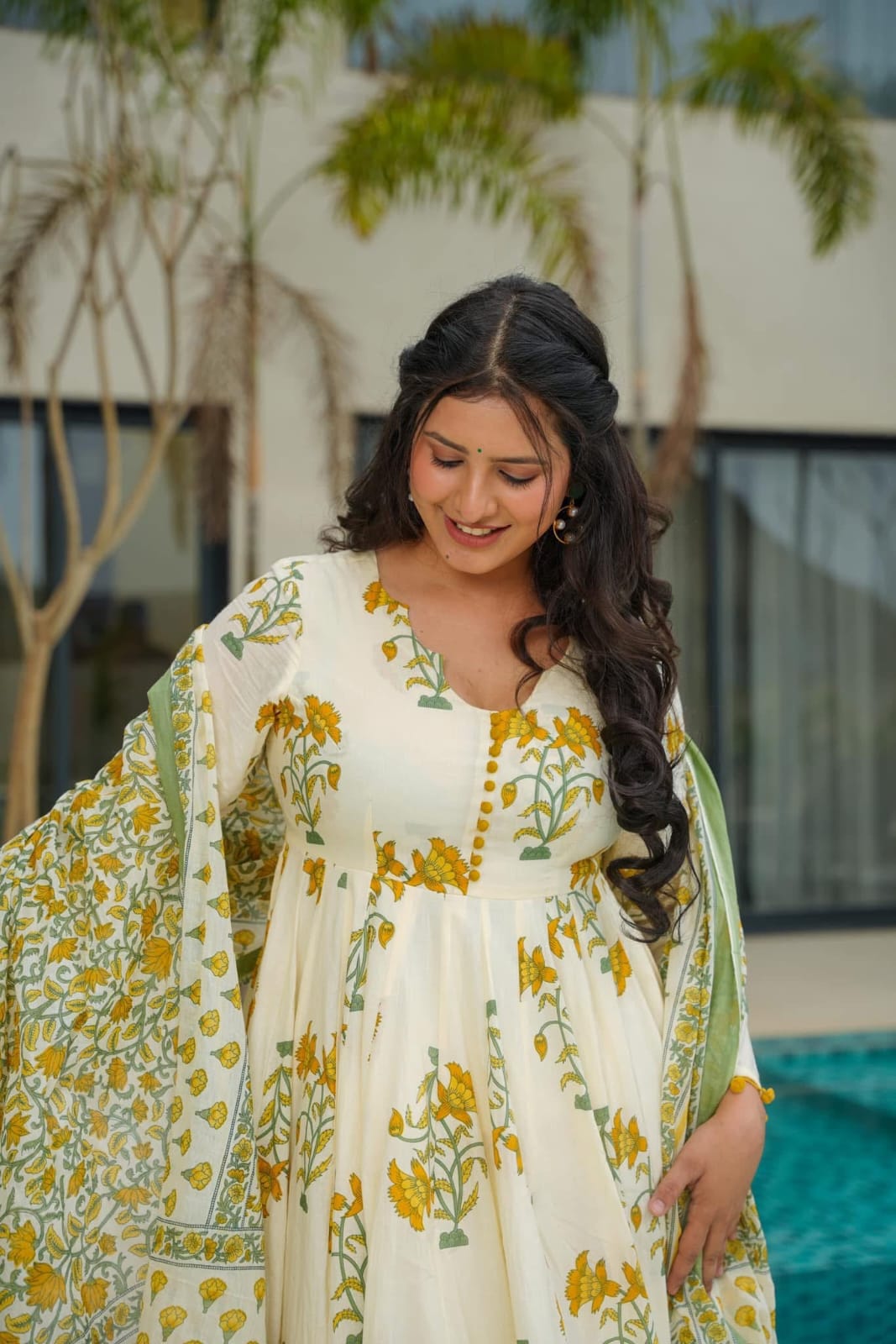 Floral Printed Anarkali Calf Length Cotton Kurta with Trousers & Dupatta