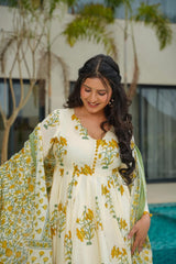 Floral Printed Anarkali Calf Length Cotton Kurta with Trousers & Dupatta