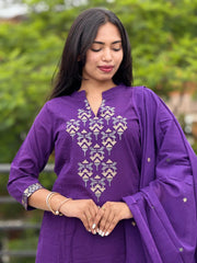 Deep Purple Embroidered Kurta with Pant & Dupatta Set