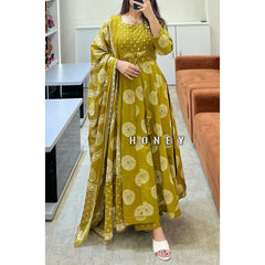 Yellow Cotton Printed Anarkali with Attached Jacket Detailing with Pants and Dupatta