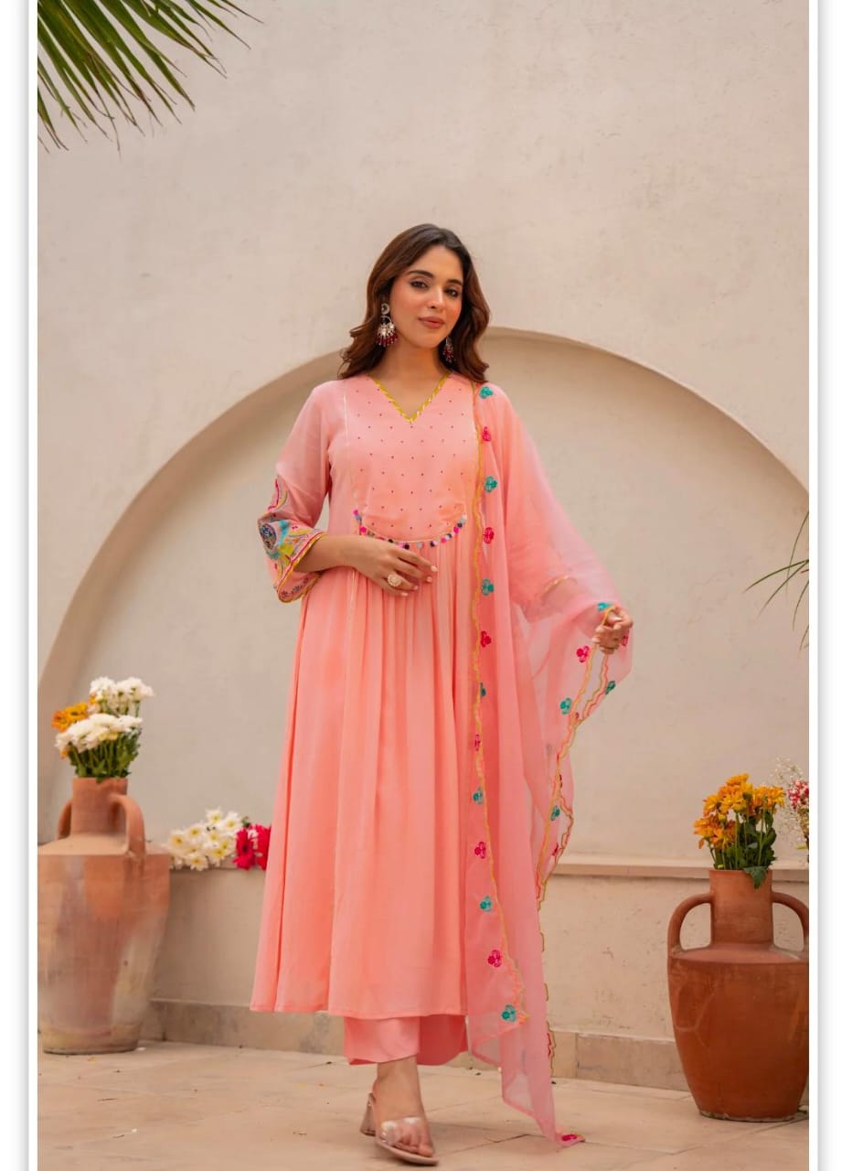 Label roohani  Women Blush Pink Cotton Embroidery Kodi Lace Kurta Pant and Dupatta set