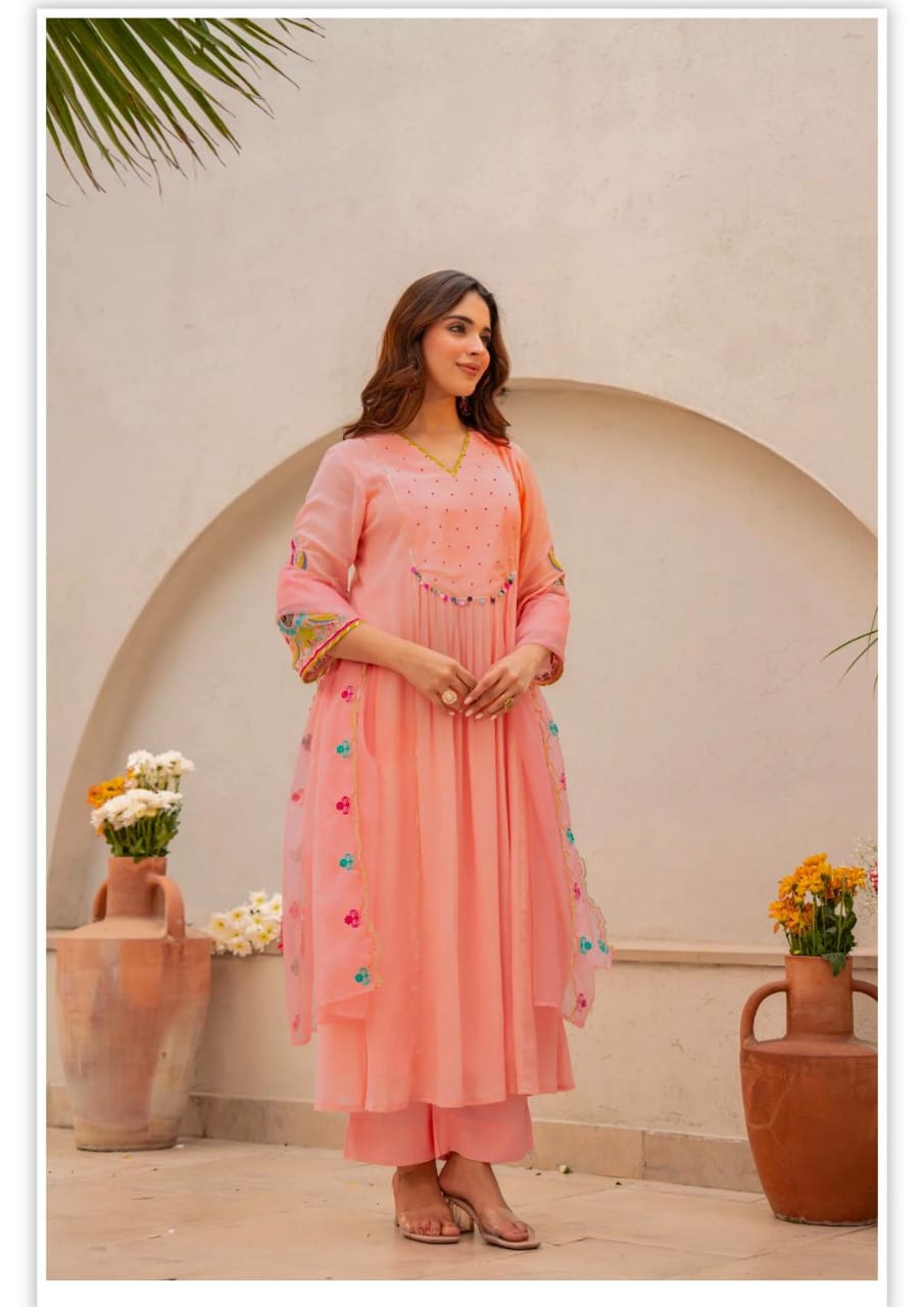 Label roohani  Women Blush Pink Cotton Embroidery Kodi Lace Kurta Pant and Dupatta set