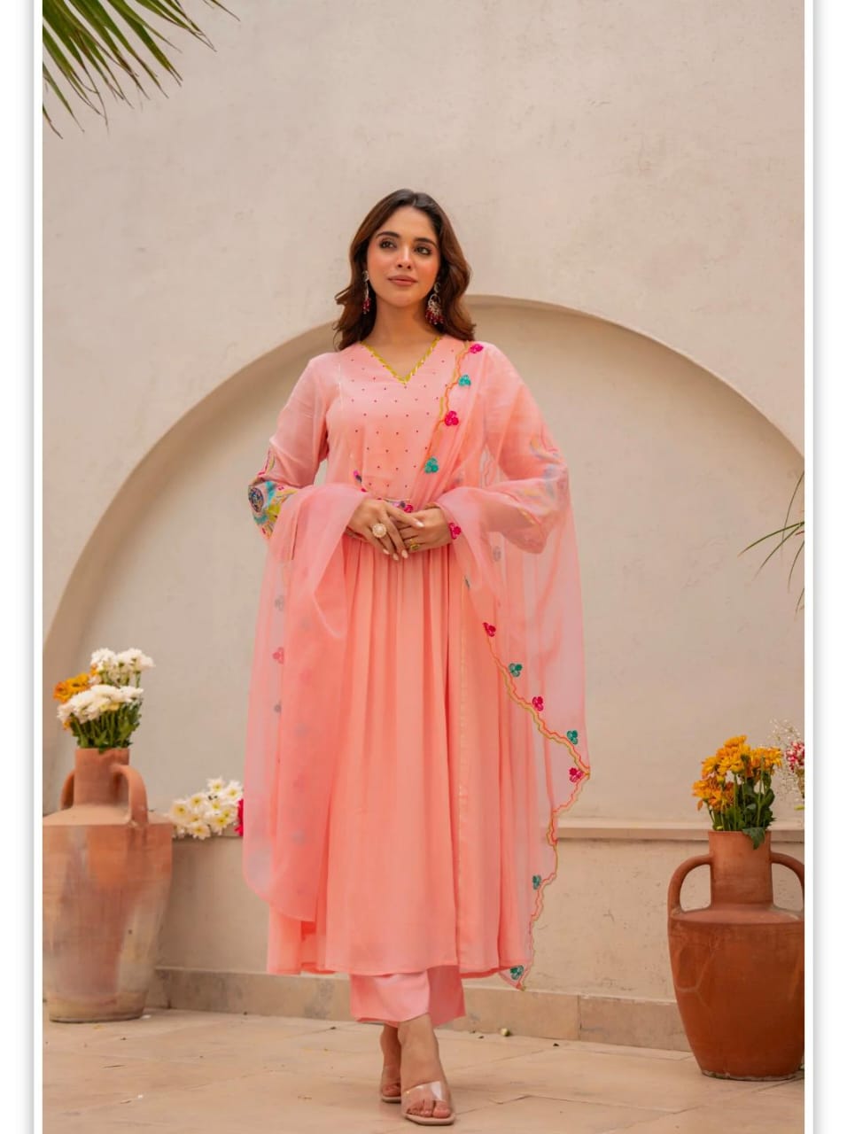 Label roohani  Women Blush Pink Cotton Embroidery Kodi Lace Kurta Pant and Dupatta set
