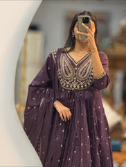 Plum Purple Heavy Embroidered Anarkali Kurta Set with Dupatta
