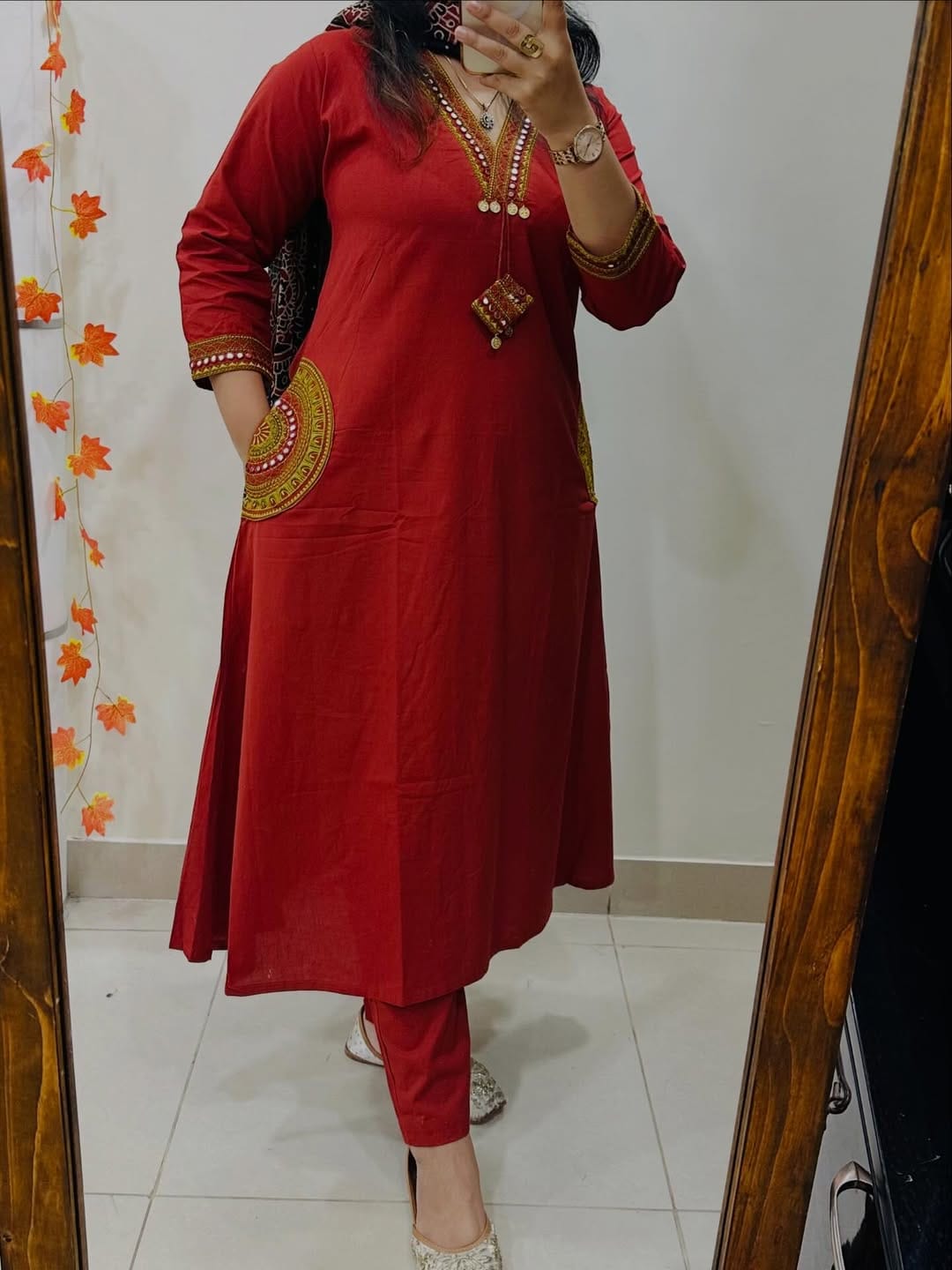 Red women pure cotton embroidered kurta with pant and dupatta