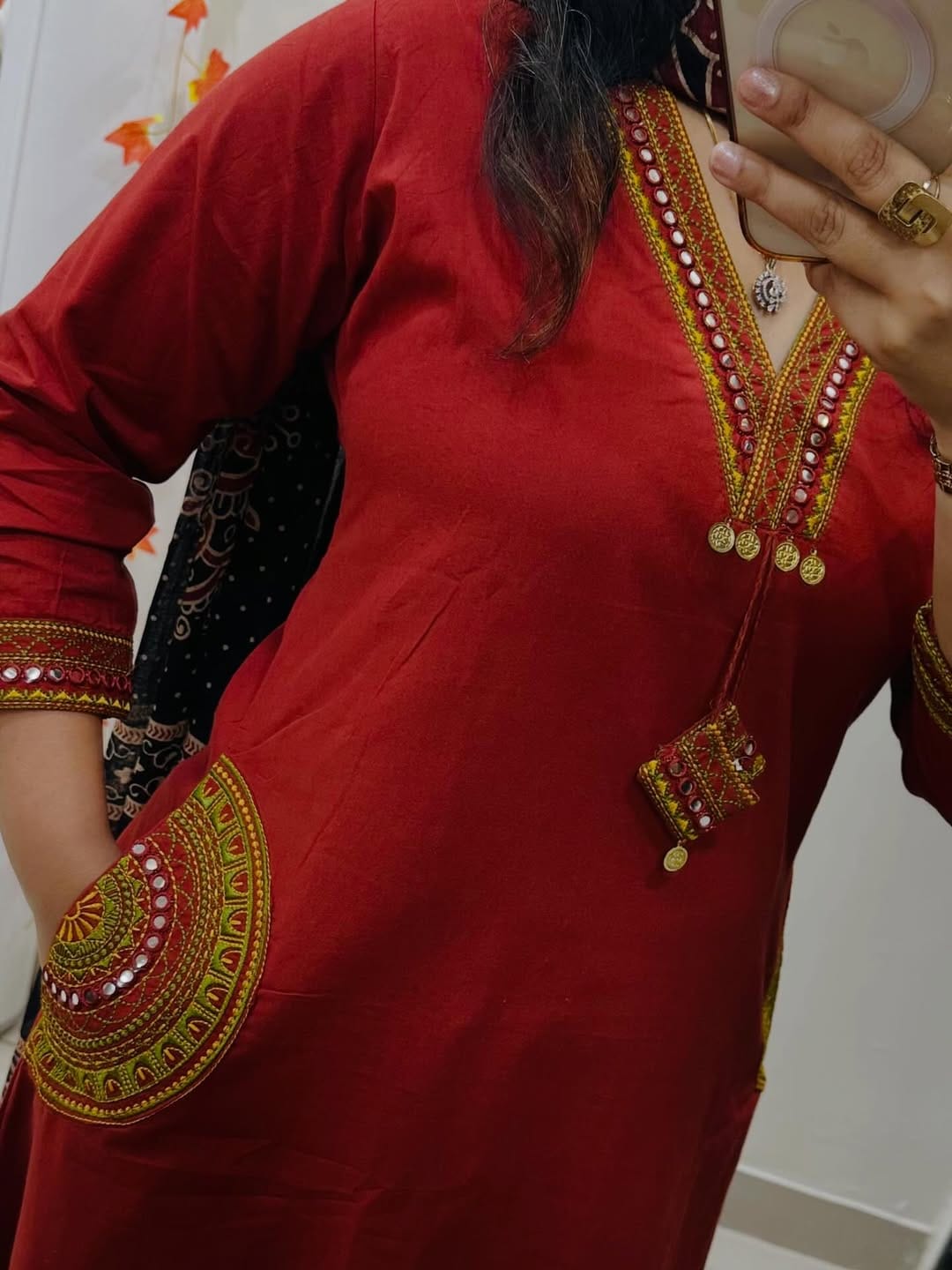 Red women pure cotton embroidered kurta with pant and dupatta