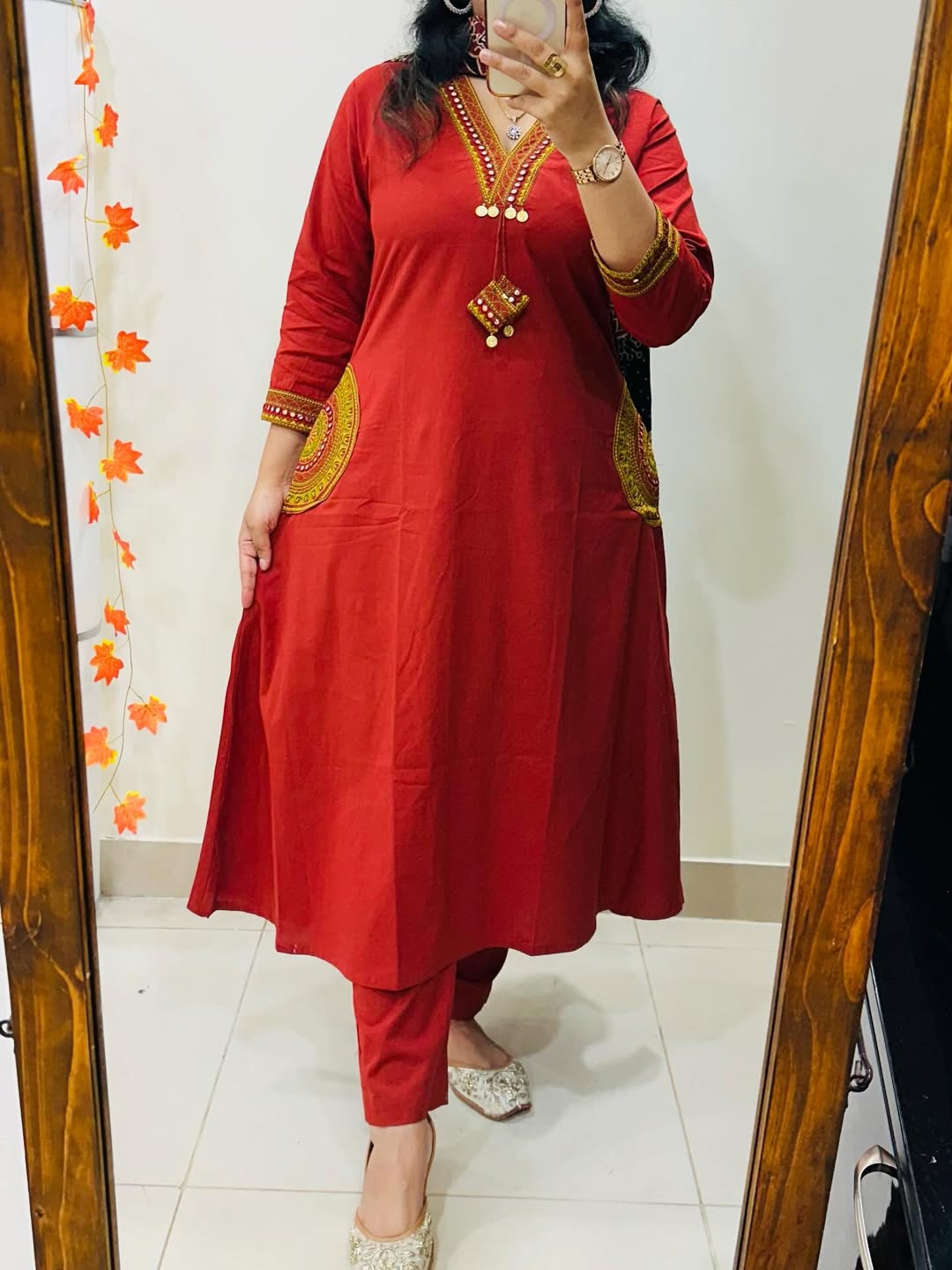 Red women pure cotton embroidered kurta with pant and dupatta