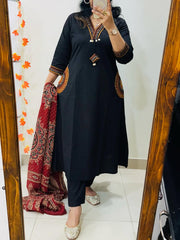 Blue women pure cotton embroidered kurta with pant and dupatta