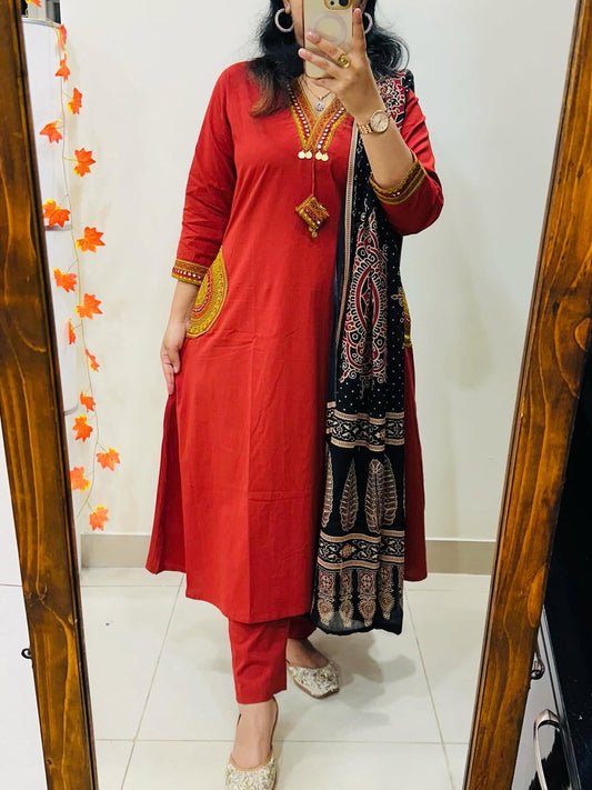 Red women pure cotton embroidered kurta with pant and dupatta