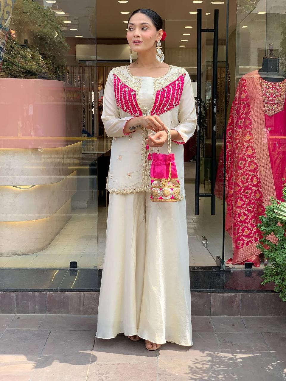 Off White Embroidered Roman Silk Kurta and Palazzo Set