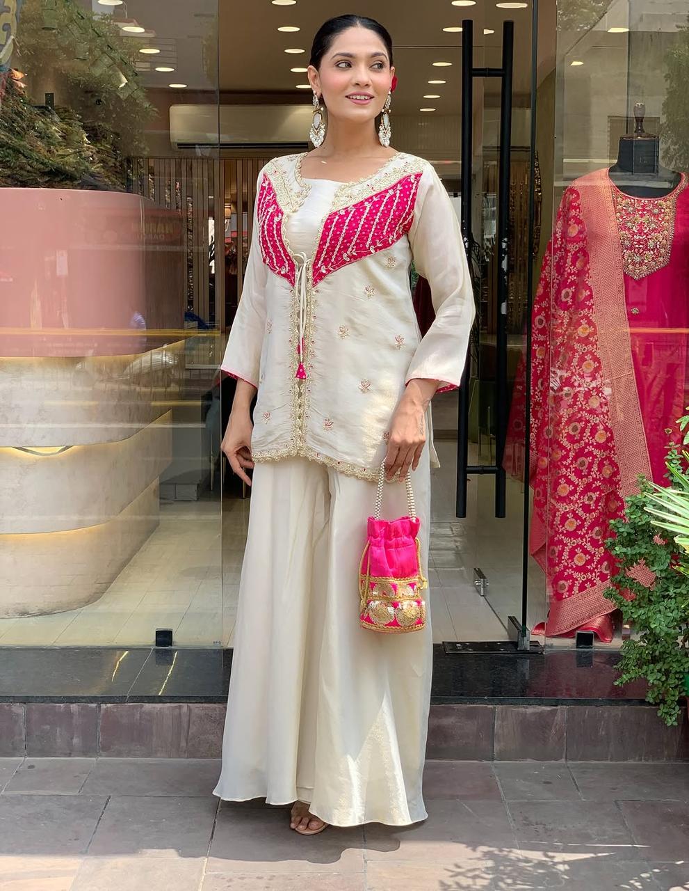 Off White Embroidered Roman Silk Kurta and Palazzo Set