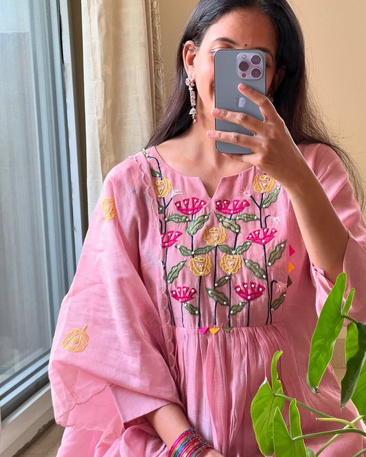 Blush Pink Embroidered Anarkali Kurta Set with Dupatta