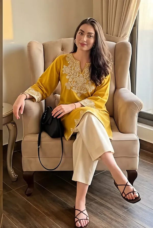 Mustard-Embroidered-Kurta-with-Straight-Pants