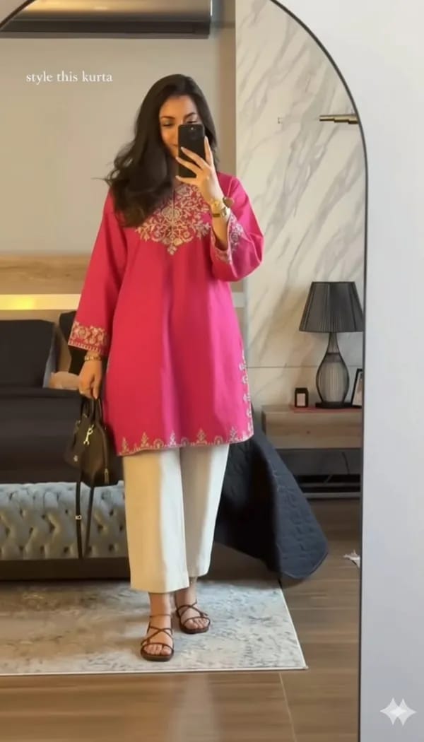Elegant Pink Embroidered Kurti Set with Straight Pants
