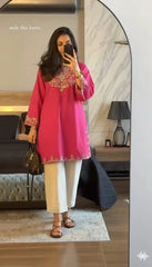 Elegant Pink Embroidered Kurti Set with Straight Pants