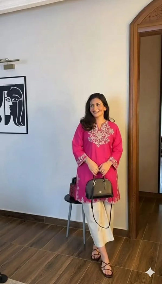 Elegant Pink Embroidered Kurti Set with Straight Pants