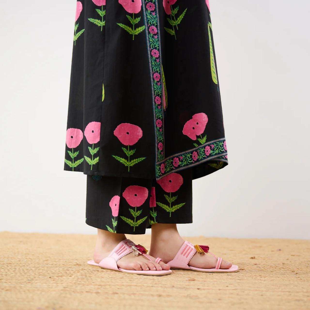 Black Floral Printed Kurta Set with Straight Pants