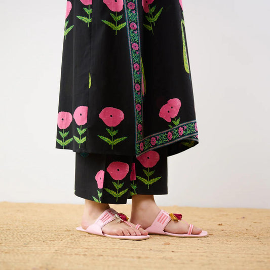Black Floral Printed Kurta Set with Straight Pants