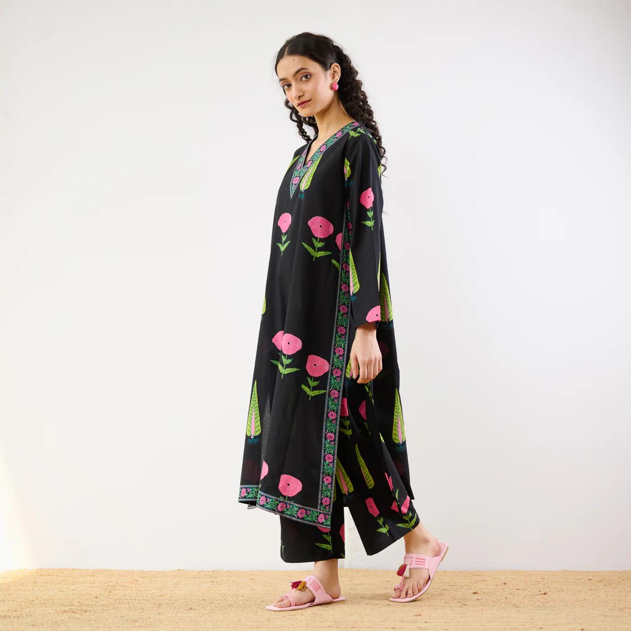 Black Floral Printed Kurta Set with Straight Pants