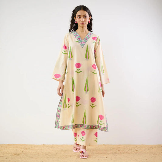 Cream Floral Printed Kurta Set with Straight Pants