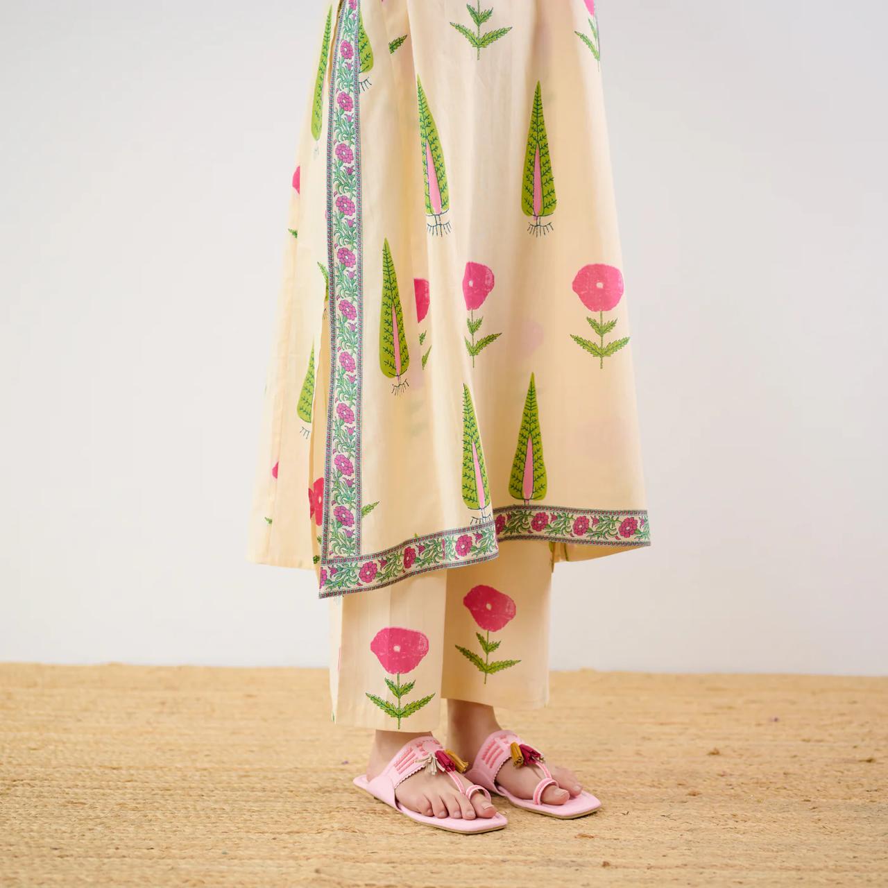 Cream Floral Printed Kurta Set with Straight Pants