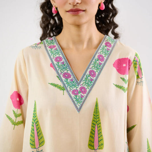 Cream Floral Printed Kurta Set with Straight Pants