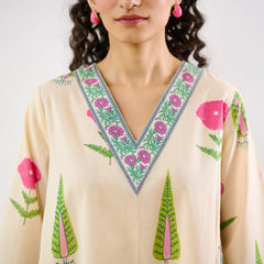 Cream Floral Printed Kurta Set with Straight Pants