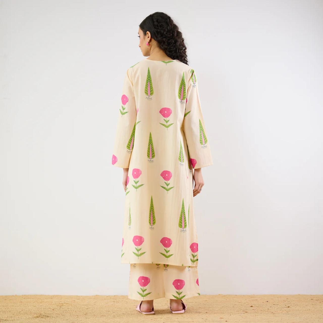 Cream Floral Printed Kurta Set with Straight Pants