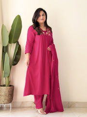 Elegant Rani Pink Embroidered Kurta Set with Dupatta