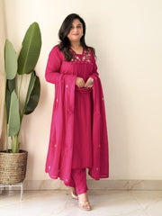 Elegant Rani Pink Embroidered Kurta Set with Dupatta