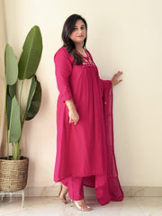 Elegant Rani Pink Embroidered Kurta Set with Dupatta