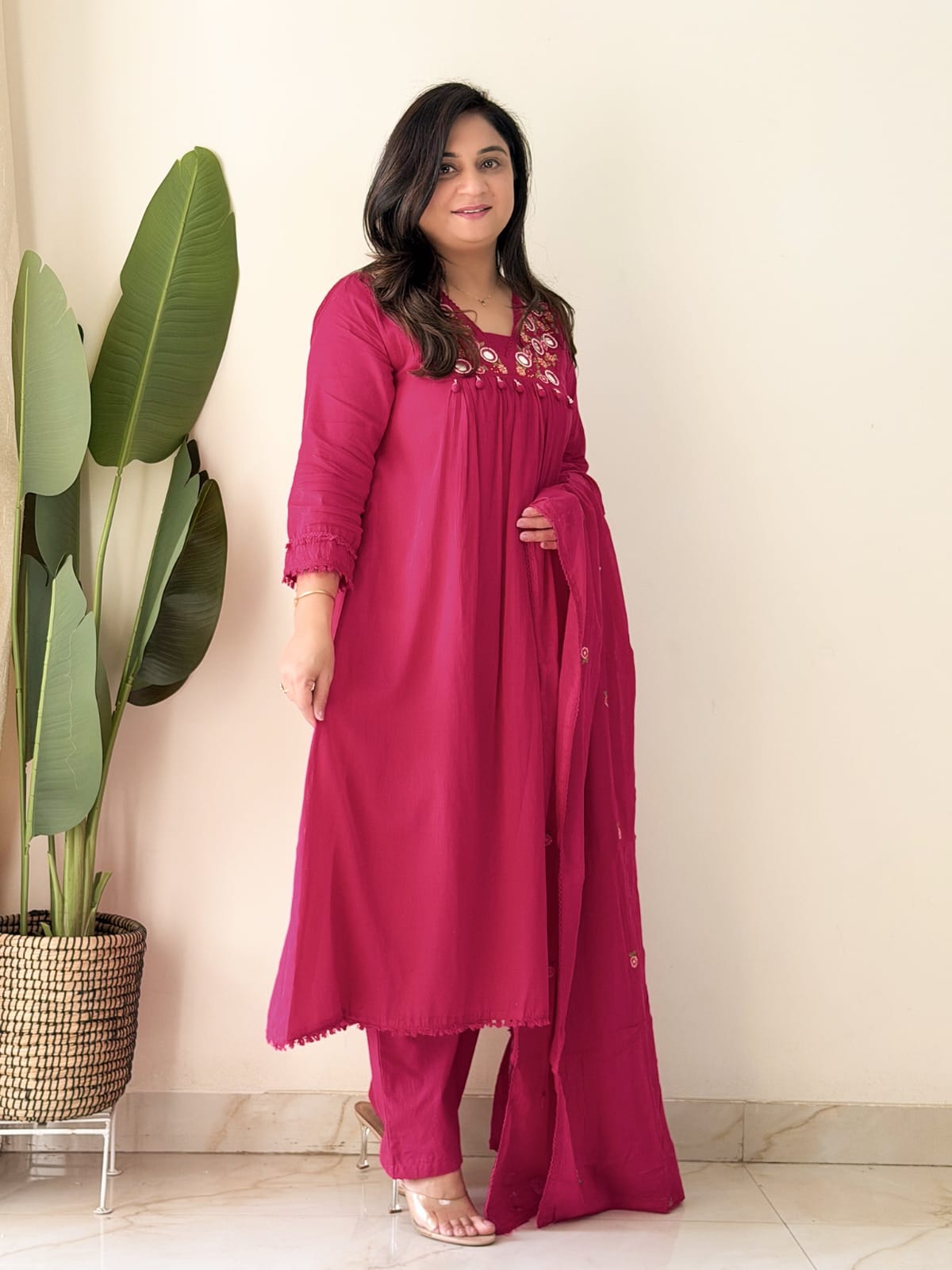 Elegant Rani Pink Embroidered Kurta Set with Dupatta
