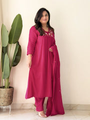Elegant Rani Pink Embroidered Kurta Set with Dupatta