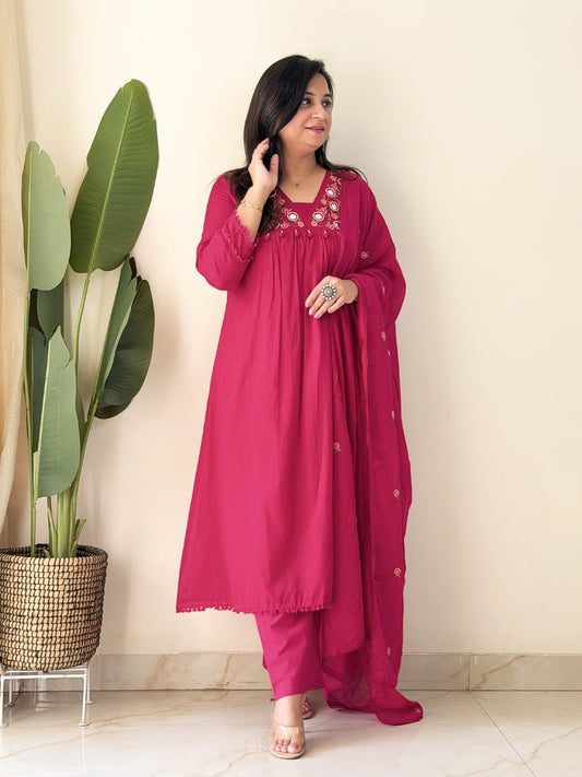 Elegant Rani Pink Embroidered Kurta Set with Dupatta