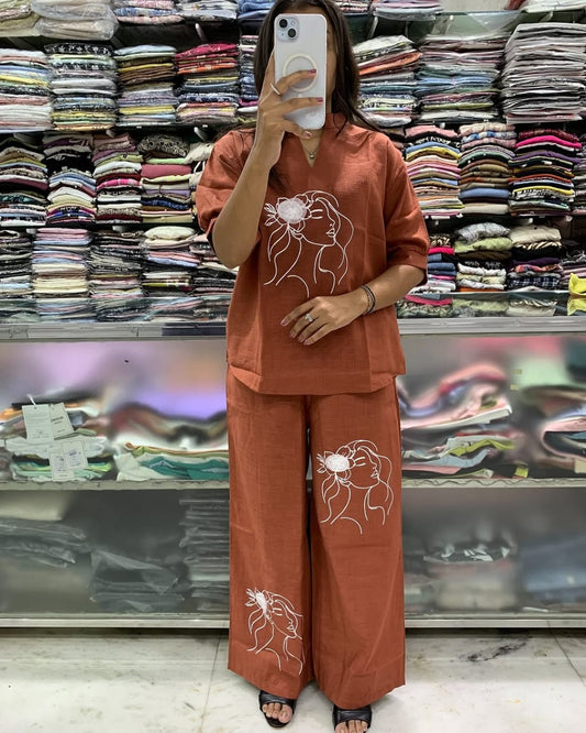 Brown Embroidered Art Line Face Print Cotton Co-Ord Set