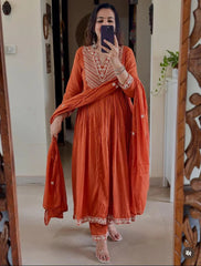 Label roohani Rust Orange Embroidered Cotton Anarkali Set with Dupatta set
