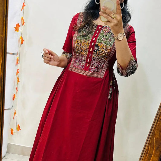 Wine-Red-Heritage-Print-A-Line-Kurta-Set