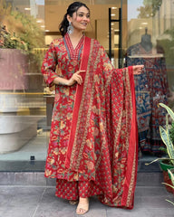 Reddish Floral Printed Cotton Kurta and Pant Set with Mulmul Dupatta
