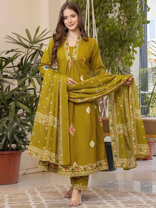 Women Ethnic Motifs Printed Pure Cotton Anarkali Kurta with Trousers & Dupatta