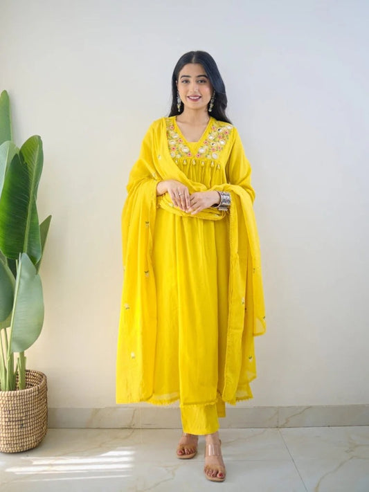 Labelroohani Teal Yellow Mirror Work Festive Kurta Set with Tassels for Women