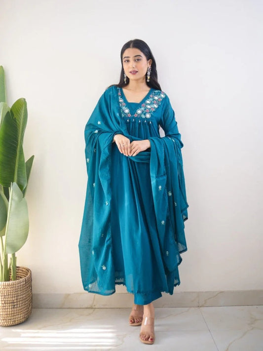 Labelroohani Teal Blue Mirror Work Festive Kurta Set with Tassels for Women
