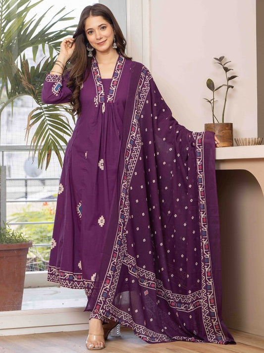 Women Bandhani Printed Cotton Anarkali Kurta with Trousers & Dupatta