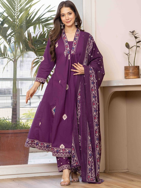 Women Bandhani Printed Cotton Anarkali Kurta with Trousers & Dupatta