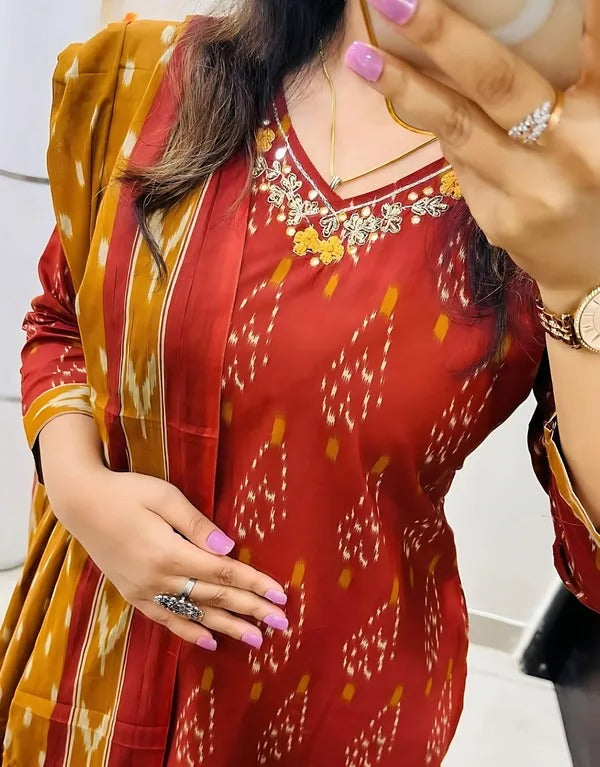 Pure-Cotton-Maroon-Ikkat-Kurti-Set