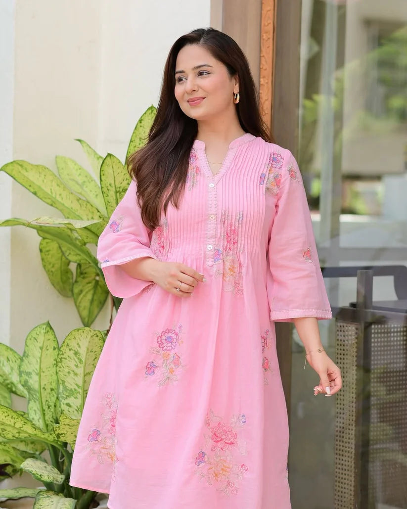 Light Pink Embroidered A-Line Kurta and Pant Set