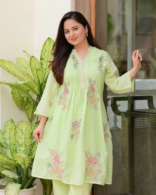 Pastel Green Embroidered A-Line Kurta and Pant Set